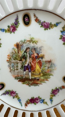 Vintage Schumann Arzberg Bavaria porcelain plate- German Reticulated Porcelain Plate: Courting Couple Scene, Gold Trim view 2