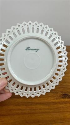 Vintage Schumann Arzberg Bavaria porcelain plate- German Reticulated Porcelain Plate: Courting Couple Scene, Gold Trim view 3