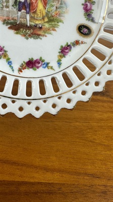 Vintage Schumann Arzberg Bavaria porcelain plate- German Reticulated Porcelain Plate: Courting Couple Scene, Gold Trim view 4