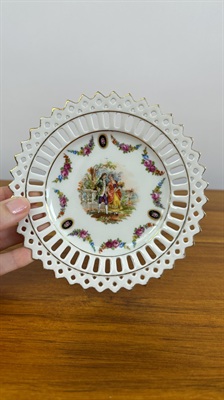 Vintage Schumann Arzberg Bavaria porcelain plate- German Reticulated Porcelain Plate: Courting Couple Scene, Gold Trim view 7