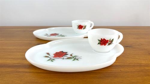Vintage Federal Glass Milk Glass Snack Set "Rosecrest" Cup and Snack Plate Set - Luncheon Set of 2