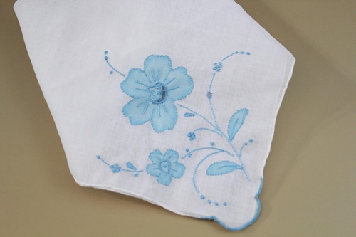 Vintage Handkerchief Handmade in Madeira Spain | White Hankie with Embroidered Blue Flower | Unused Vintage view 3