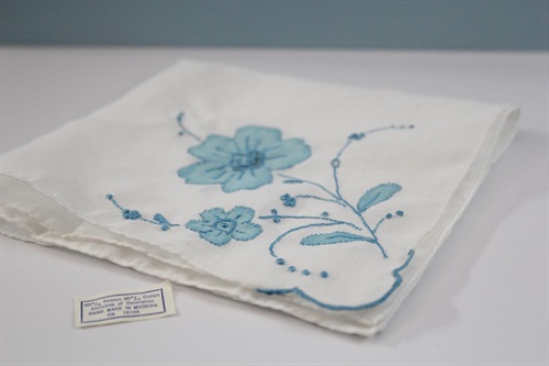 Vintage Handkerchief Handmade in Madeira Spain | White Hankie with Embroidered Blue Flower | Unused Vintage view 5