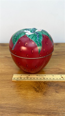 Strawberry Shaped Lithographed Tin Trinket Box Storage Vtg MCM Fruit Tin view 2