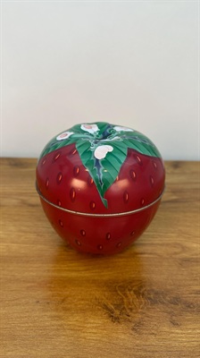 Strawberry Shaped Lithographed Tin Trinket Box Storage Vtg MCM Fruit Tin view 3