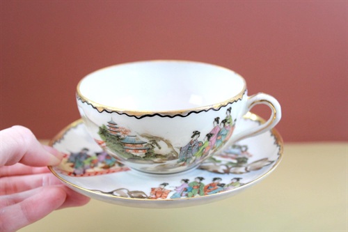 Hand Painted Japanese Lithophane Tea Cup and Saucer | Nippon Kutani Porcelain Geisha Tea Cup view 10