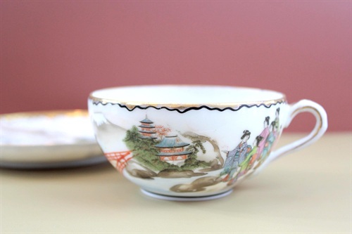Hand Painted Japanese Lithophane Tea Cup and Saucer | Nippon Kutani Porcelain Geisha Tea Cup view 2