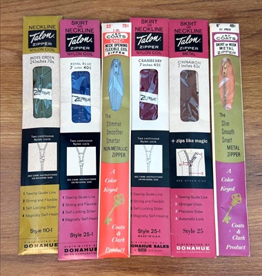 Lot of 6 Vintage Zippers -Talon, J.&P. Coats Nylon Coil and  Metal- Vintage Sewing Supplies