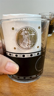 4 Vintage MCM Lowball Glasses- Mid Century Coins of the World Black Gold , Retro Barware Rock Glasses view 10