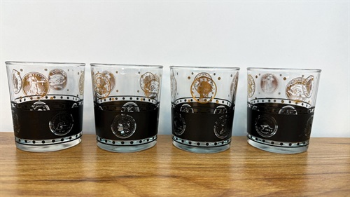 4 Vintage MCM Lowball Glasses- Mid Century Coins of the World Black Gold , Retro Barware Rock Glasses view 2