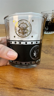 4 Vintage MCM Lowball Glasses- Mid Century Coins of the World Black Gold , Retro Barware Rock Glasses view 3