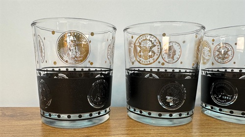 4 Vintage MCM Lowball Glasses- Mid Century Coins of the World Black Gold , Retro Barware Rock Glasses view 5