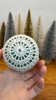 Vintage Crocheted Shiny Brite Ornament - Unsilvered Glass with Cochet Net Cover- Made in U.S.A. view 3