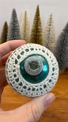 Vintage Crocheted Shiny Brite Ornament - Unsilvered Glass with Cochet Net Cover- Made in U.S.A. view 4