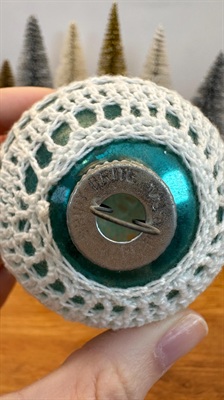 Vintage Crocheted Shiny Brite Ornament - Unsilvered Glass with Cochet Net Cover- Made in U.S.A. view 7