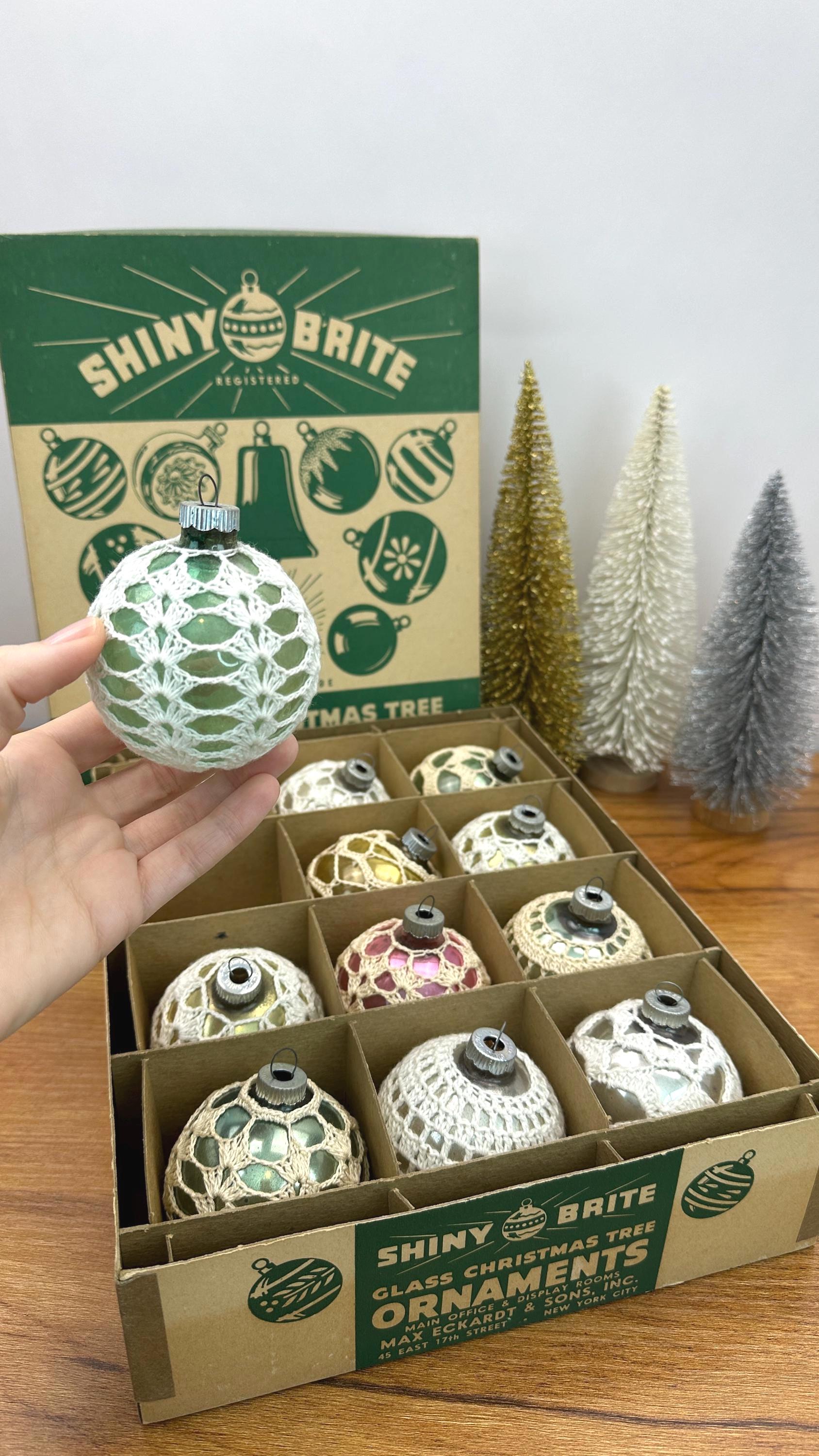 12 Shiny Brite Glass Christmas Ornaments - Colorful, Unsilvered Vintage Crocheted - 1940- 1950's Made in U.S.A. RARE