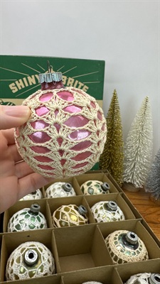 12 Shiny Brite Glass Christmas Ornaments - Colorful, Unsilvered Vintage Crocheted - 1940- 1950's Made in U.S.A. RARE view 2
