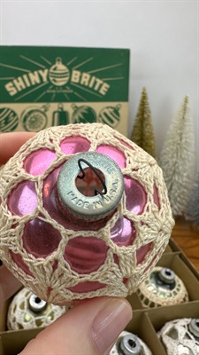 12 Shiny Brite Glass Christmas Ornaments - Colorful, Unsilvered Vintage Crocheted - 1940- 1950's Made in U.S.A. RARE view 3