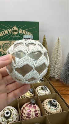 12 Shiny Brite Glass Christmas Ornaments - Colorful, Unsilvered Vintage Crocheted - 1940- 1950's Made in U.S.A. RARE view 4