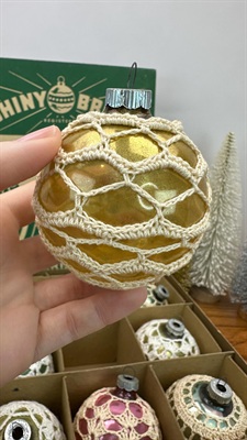 12 Shiny Brite Glass Christmas Ornaments - Colorful, Unsilvered Vintage Crocheted - 1940- 1950's Made in U.S.A. RARE view 5