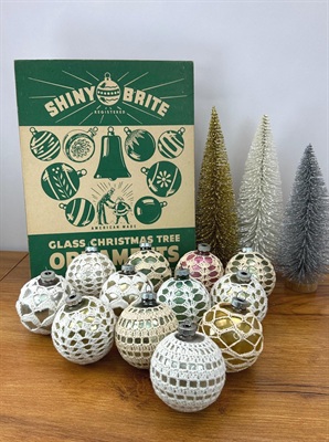 12 Shiny Brite Glass Christmas Ornaments - Colorful, Unsilvered Vintage Crocheted - 1940- 1950's Made in U.S.A. RARE view 7