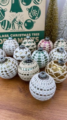 12 Shiny Brite Glass Christmas Ornaments - Colorful, Unsilvered Vintage Crocheted - 1940- 1950's Made in U.S.A. RARE view 8