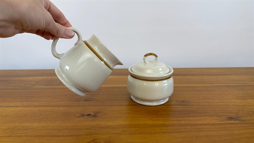 Vintage Stoneware Creamer and Sugar Bowl- Retro Neutral Colors-  Mountain Wood Collection 1970's Japan view 3