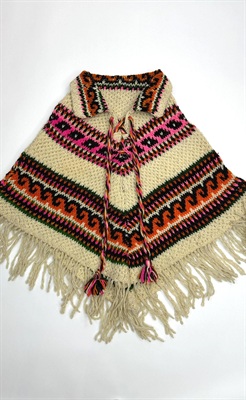 Vintage 1960's Mexican Hand Knit Wool Poncho- Colorful Chunky Knit, Bohemian, Boho Chic, Fringe Cape
