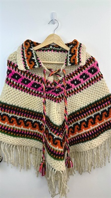 Vintage 1960's Mexican Hand Knit Wool Poncho- Colorful Chunky Knit, Bohemian, Boho Chic, Fringe Cape view 10