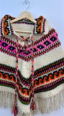 Vintage 1960's Mexican Hand Knit Wool Poncho- Colorful Chunky Knit, Bohemian, Boho Chic, Fringe Cape view 3