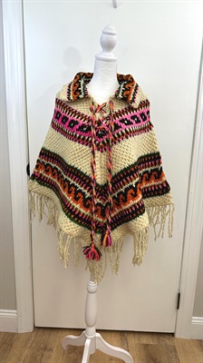 Vintage 1960's Mexican Hand Knit Wool Poncho- Colorful Chunky Knit, Bohemian, Boho Chic, Fringe Cape view 4