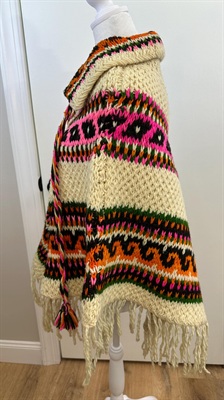 Vintage 1960's Mexican Hand Knit Wool Poncho- Colorful Chunky Knit, Bohemian, Boho Chic, Fringe Cape view 5