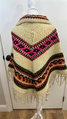 Vintage 1960's Mexican Hand Knit Wool Poncho- Colorful Chunky Knit, Bohemian, Boho Chic, Fringe Cape view 6