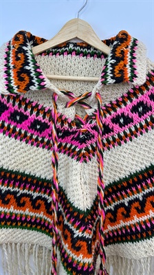 Vintage 1960's Mexican Hand Knit Wool Poncho- Colorful Chunky Knit, Bohemian, Boho Chic, Fringe Cape view 9