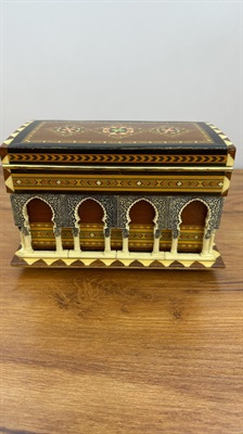 Vintage Spanish Inlaid Wood Marquetry Music Box - Alhambra Palace Architectural Model -Reuge Musical Jewelry Box view 6
