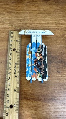 Vintage Christmas Tree Ornament- Hand Crafted and Painted Popsicle Stick Sled- 1983 view 7