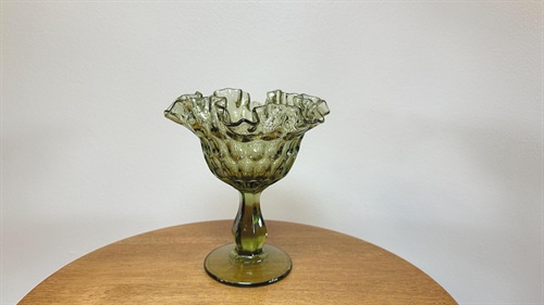 Vintage Green Ruffled Pedestal Compote | Fenton Avocado Green Thumbprint Ruffled Edge | Candy Dish