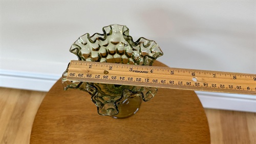 Vintage Green Ruffled Pedestal Compote | Fenton Avocado Green Thumbprint Ruffled Edge | Candy Dish view 2