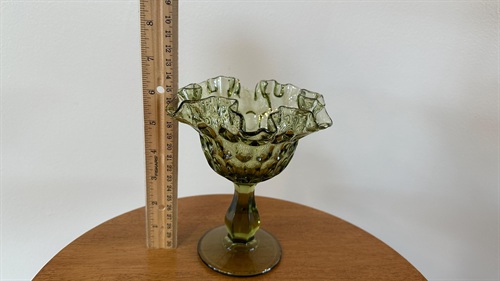 Vintage Green Ruffled Pedestal Compote | Fenton Avocado Green Thumbprint Ruffled Edge | Candy Dish view 3