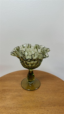 Vintage Green Ruffled Pedestal Compote | Fenton Avocado Green Thumbprint Ruffled Edge | Candy Dish view 4