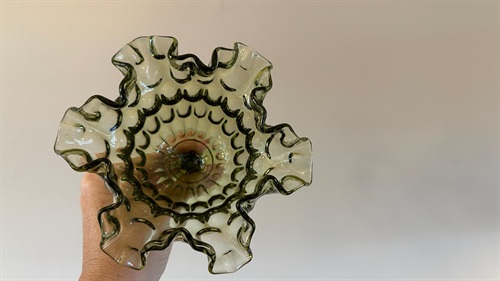 Vintage Green Ruffled Pedestal Compote | Fenton Avocado Green Thumbprint Ruffled Edge | Candy Dish view 5