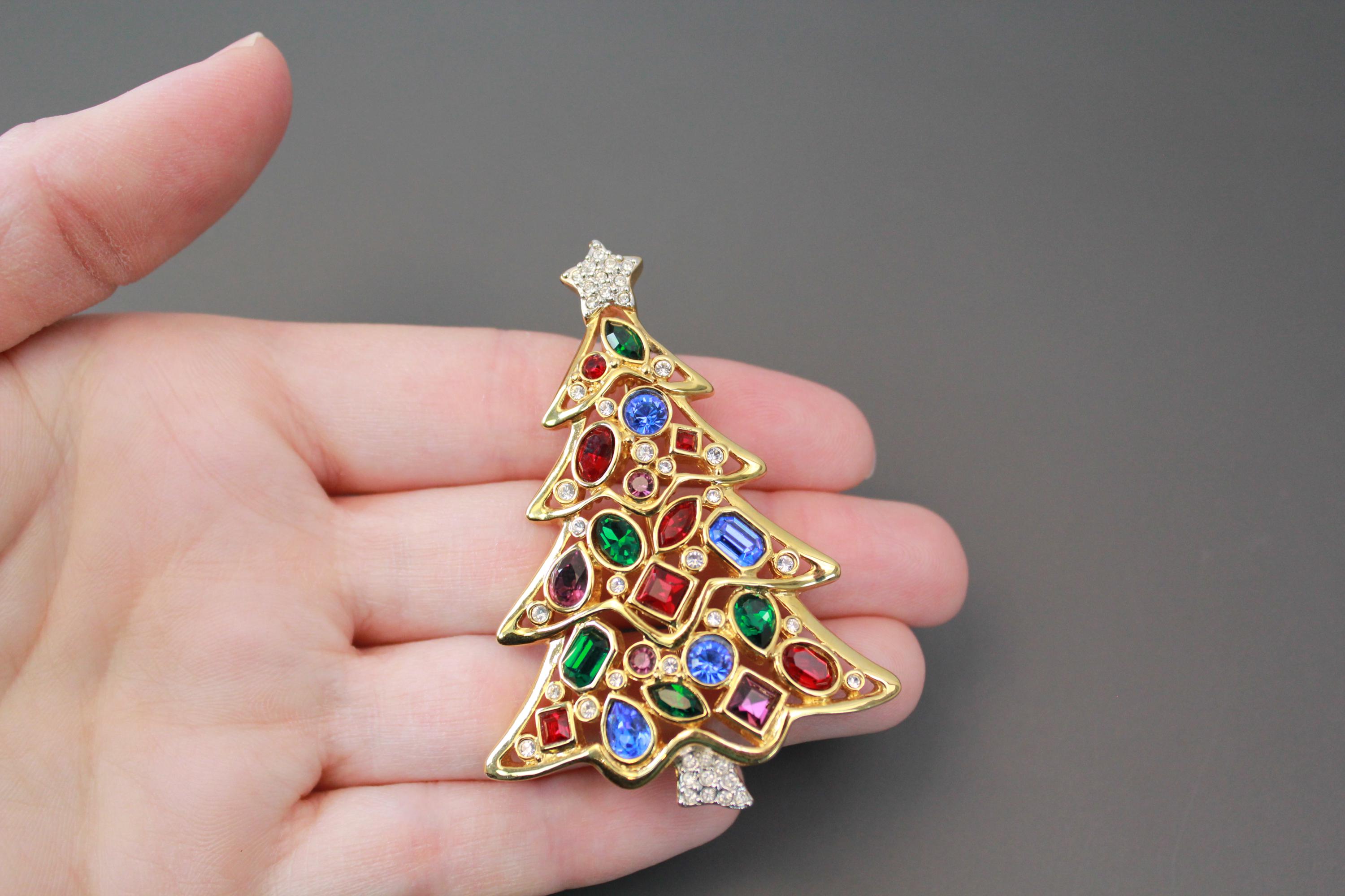 Vintage Designer Signed Austrian Crystal Christmas Tree Brooch | Multicolored Stones | Swan Logo