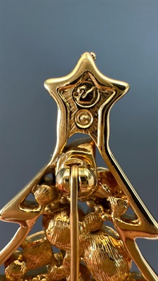 Vintage Designer Signed Austrian Crystal Christmas Tree Brooch | Multicolored Stones | Swan Logo view 2