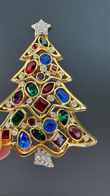Vintage Designer Signed Austrian Crystal Christmas Tree Brooch | Multicolored Stones | Swan Logo view 3