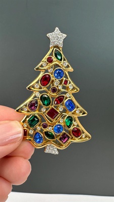 Vintage Designer Signed Austrian Crystal Christmas Tree Brooch | Multicolored Stones | Swan Logo view 4
