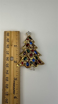 Vintage Designer Signed Austrian Crystal Christmas Tree Brooch | Multicolored Stones | Swan Logo view 5
