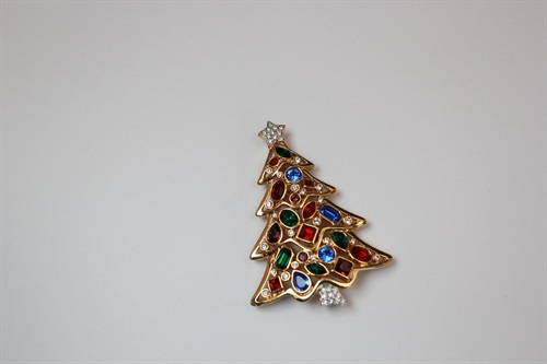 Vintage Designer Signed Austrian Crystal Christmas Tree Brooch | Multicolored Stones | Swan Logo view 6