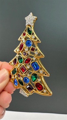 Vintage Designer Signed Austrian Crystal Christmas Tree Brooch | Multicolored Stones | Swan Logo view 10