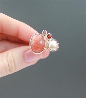 Vintage Handmade Sterling Silver Ring | Sunstone, Pearl, Garnet | Sculptural Art Statement Ring SIZE 8 view 1