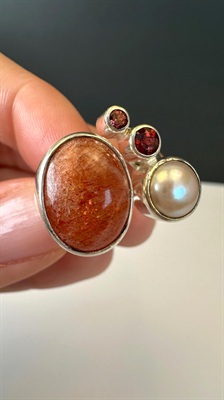 Vintage Handmade Sterling Silver Ring | Sunstone, Pearl, Garnet | Sculptural Art Statement Ring SIZE 8 view 6